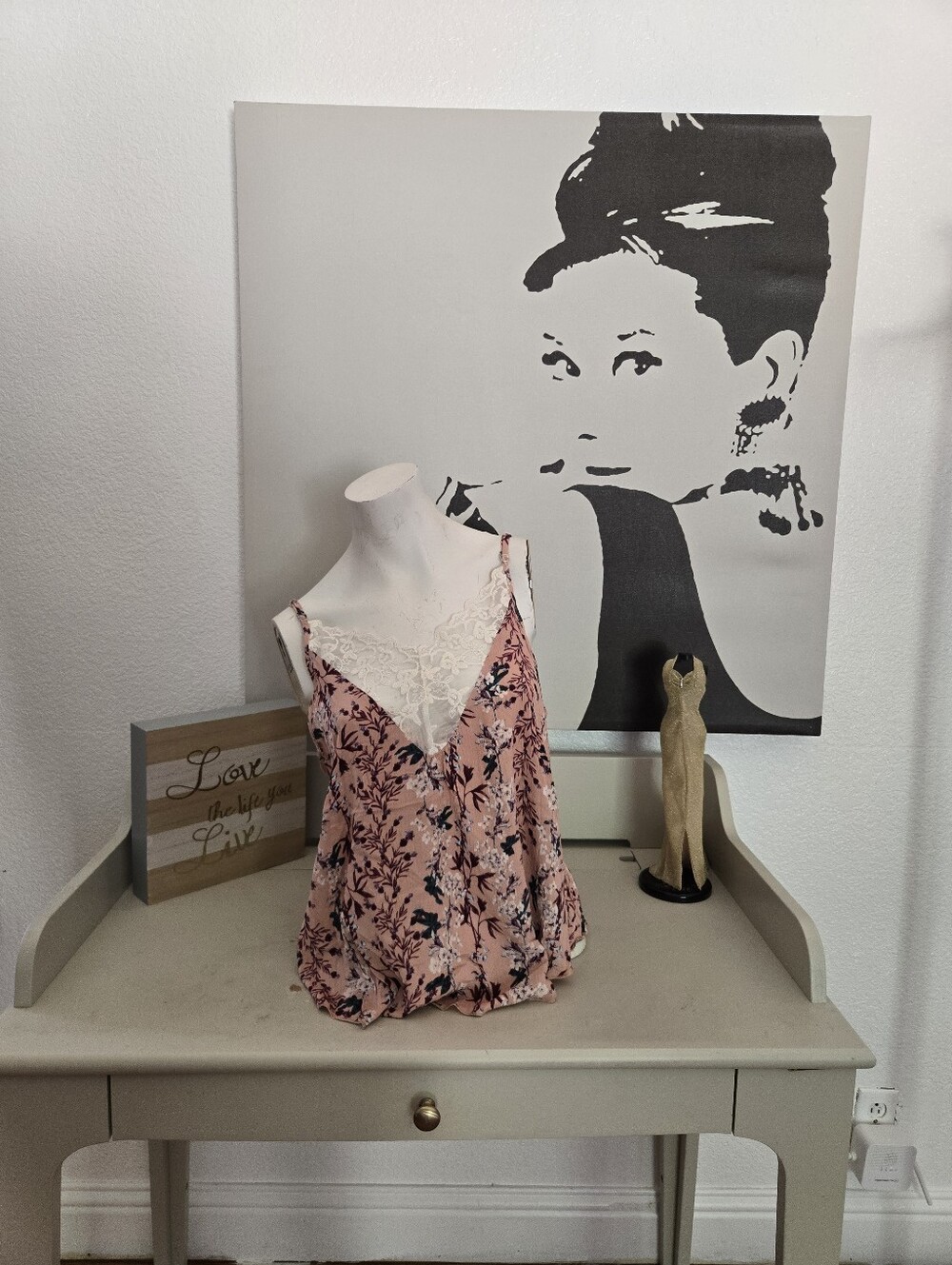 NWT Womens Self Esteem Lace-Trim Pink Floral Cami Tank Top Size Large